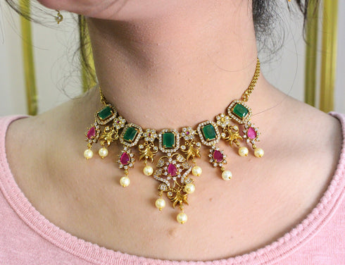 Multicolor Diamond Ganga Jamna Style Necklace