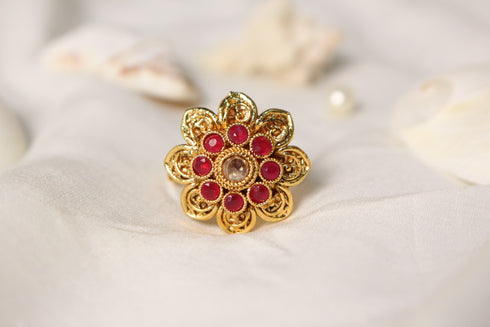 FLOWER RED STONES RING
