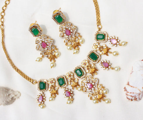 Multicolor Diamond Ganga Jamna Style Necklace