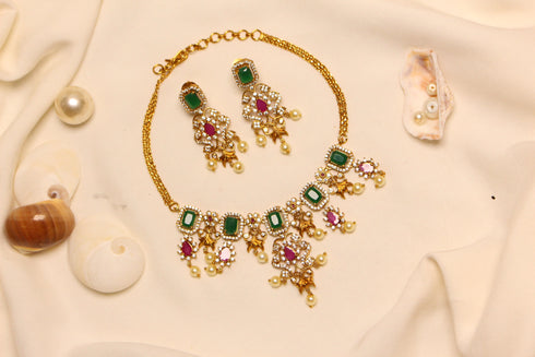 Multicolor Diamond Ganga Jamna Style Necklace