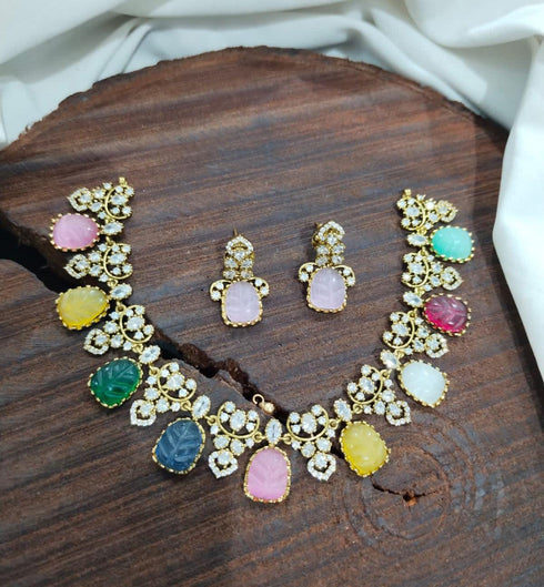 Hand Carved Stone studded Diamond Necklace
