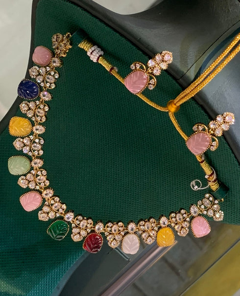 Hand Carved Stone studded Diamond Necklace
